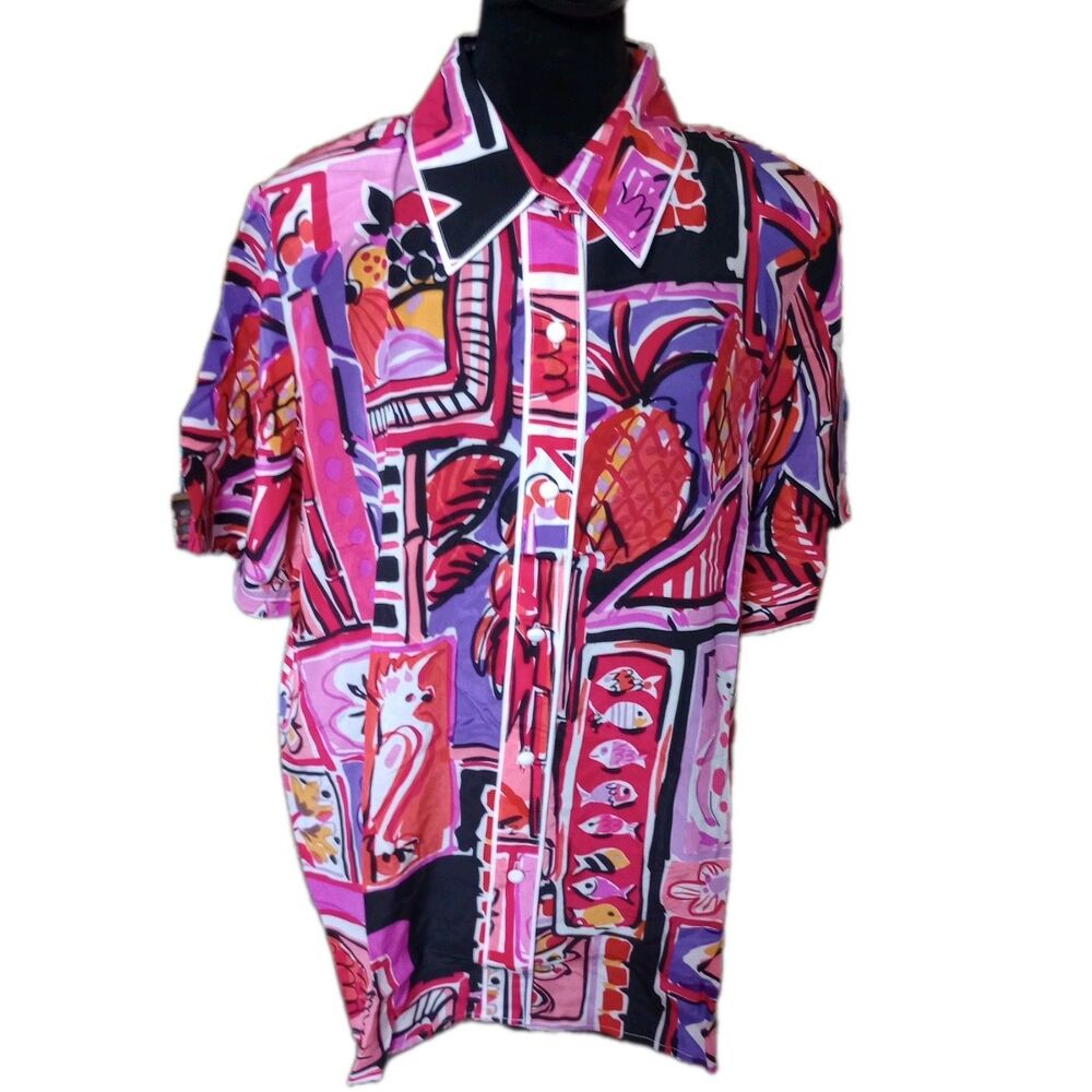 Bobbie Mackie Wearable Art Women's L 100% Silk Short Sleeve  Vtg., NWT